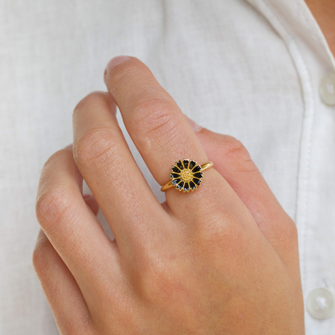 12 mm Marguerite schwarz Ring aus vergoldetem Sterlingsilber